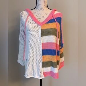 POL Openwork Drawstring Color Block Hooded Knit Top, Size M